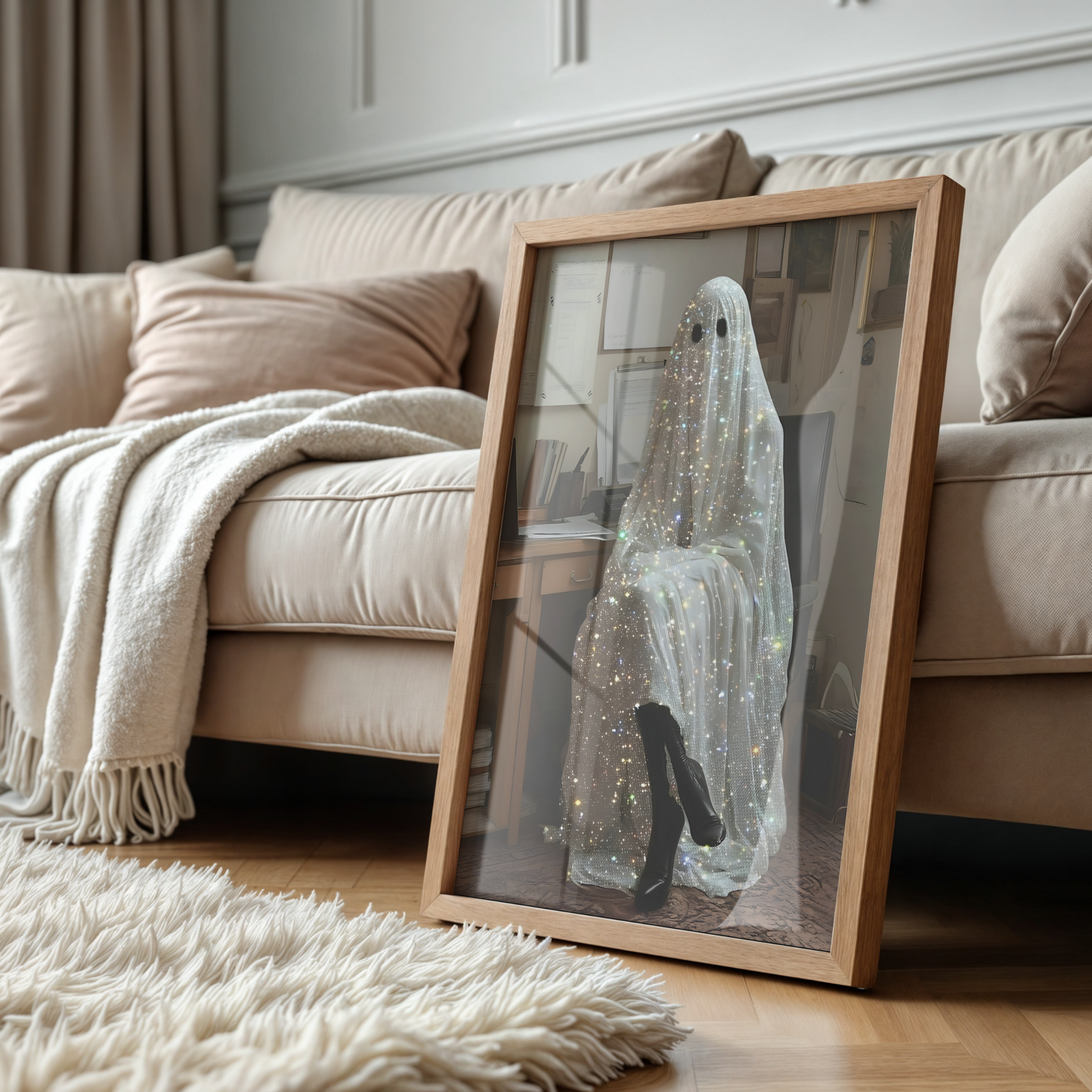 Funny Glitter Working Ghost Digital Print | Spooky Halloween Fall Printable Photography Poster | Retro Wall Art for Home Office Decor