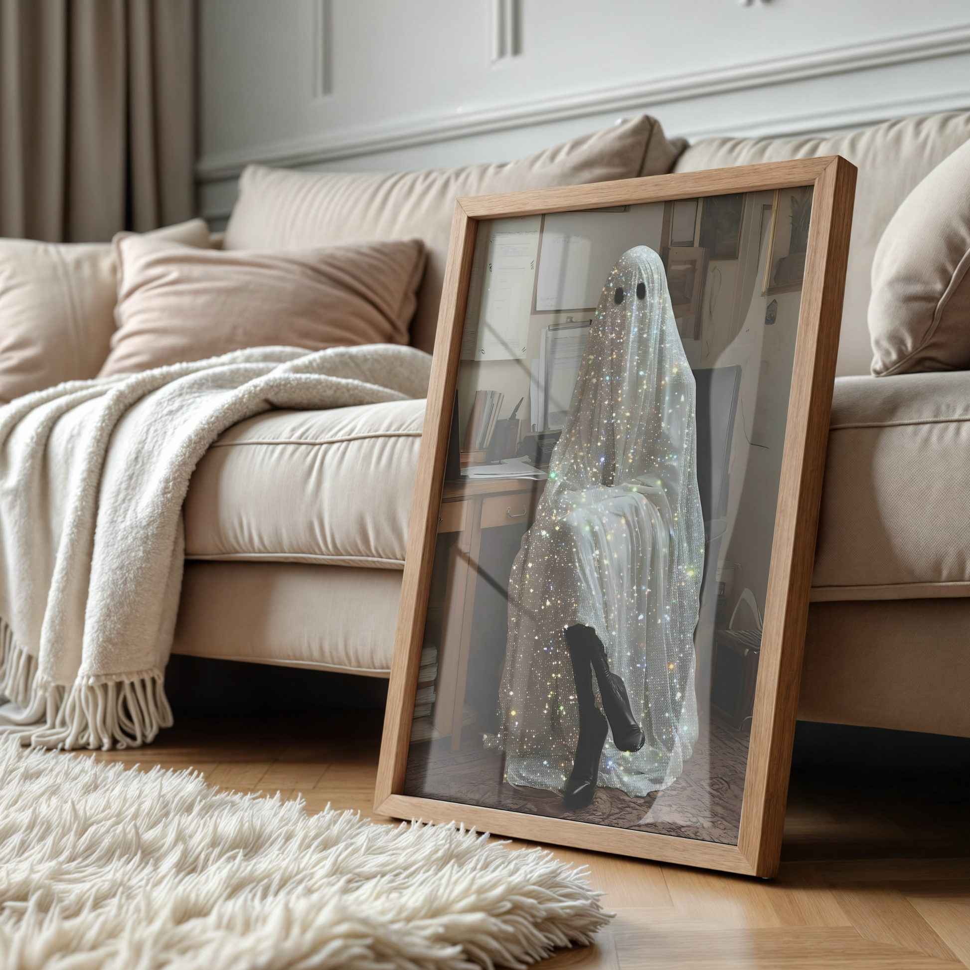 Funny Glitter Working Ghost Digital Print | Spooky Halloween Fall Printable Photography Poster | Retro Wall Art for Home Office Decor