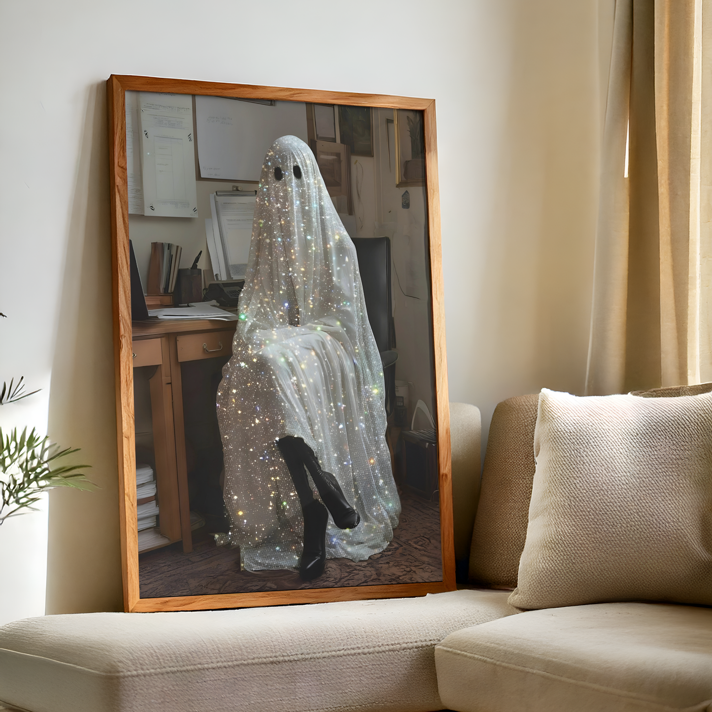 Funny Glitter Working Ghost Digital Print | Spooky Halloween Fall Printable Photography Poster | Retro Wall Art for Home Office Decor
