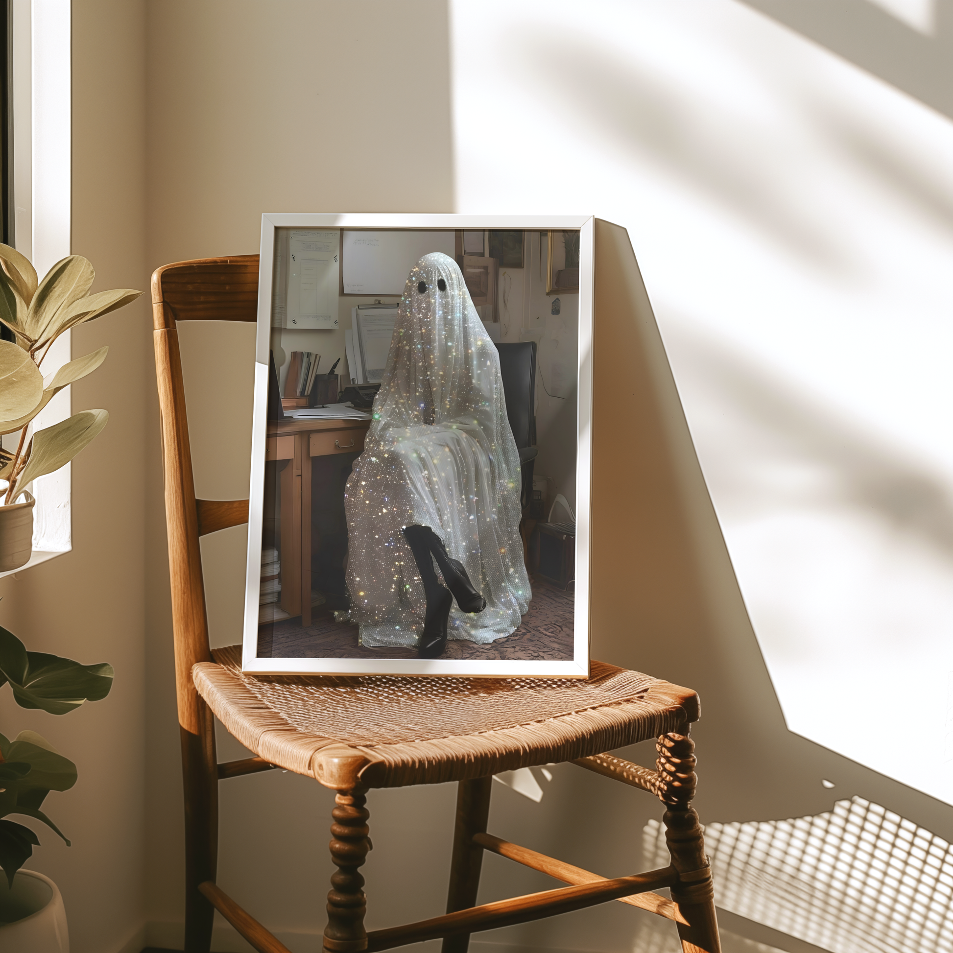 Funny Glitter Working Ghost Digital Print | Spooky Halloween Fall Printable Photography Poster | Retro Wall Art for Home Office Decor