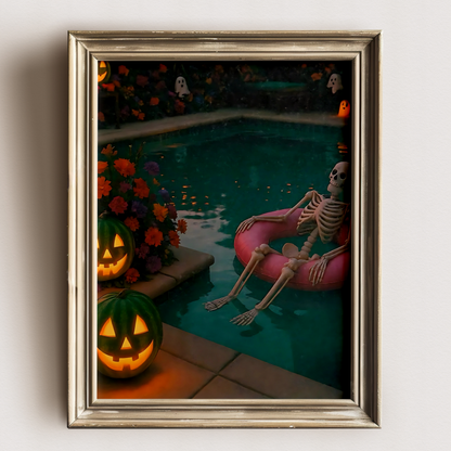 Funny Skeleton, Pumpkin and Ghost in a Pool Digital Print | Retro Spooky Summerween Printable Photography Poster for Halloween Decor