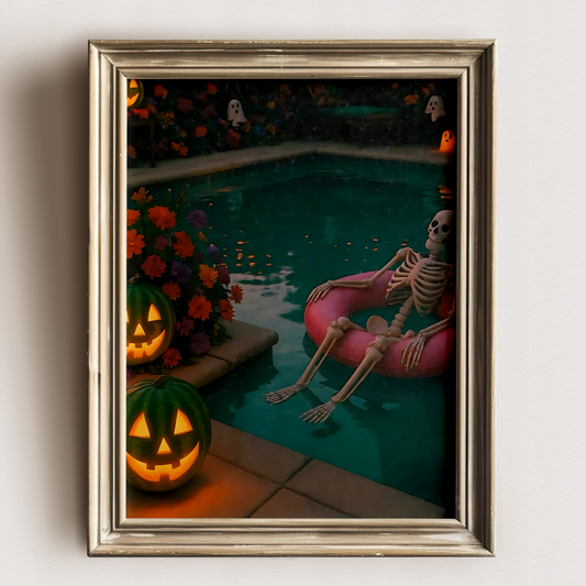 Funny Skeleton, Pumpkin and Ghost in a Pool Digital Print | Retro Spooky Summerween Printable Photography Poster for Halloween Decor