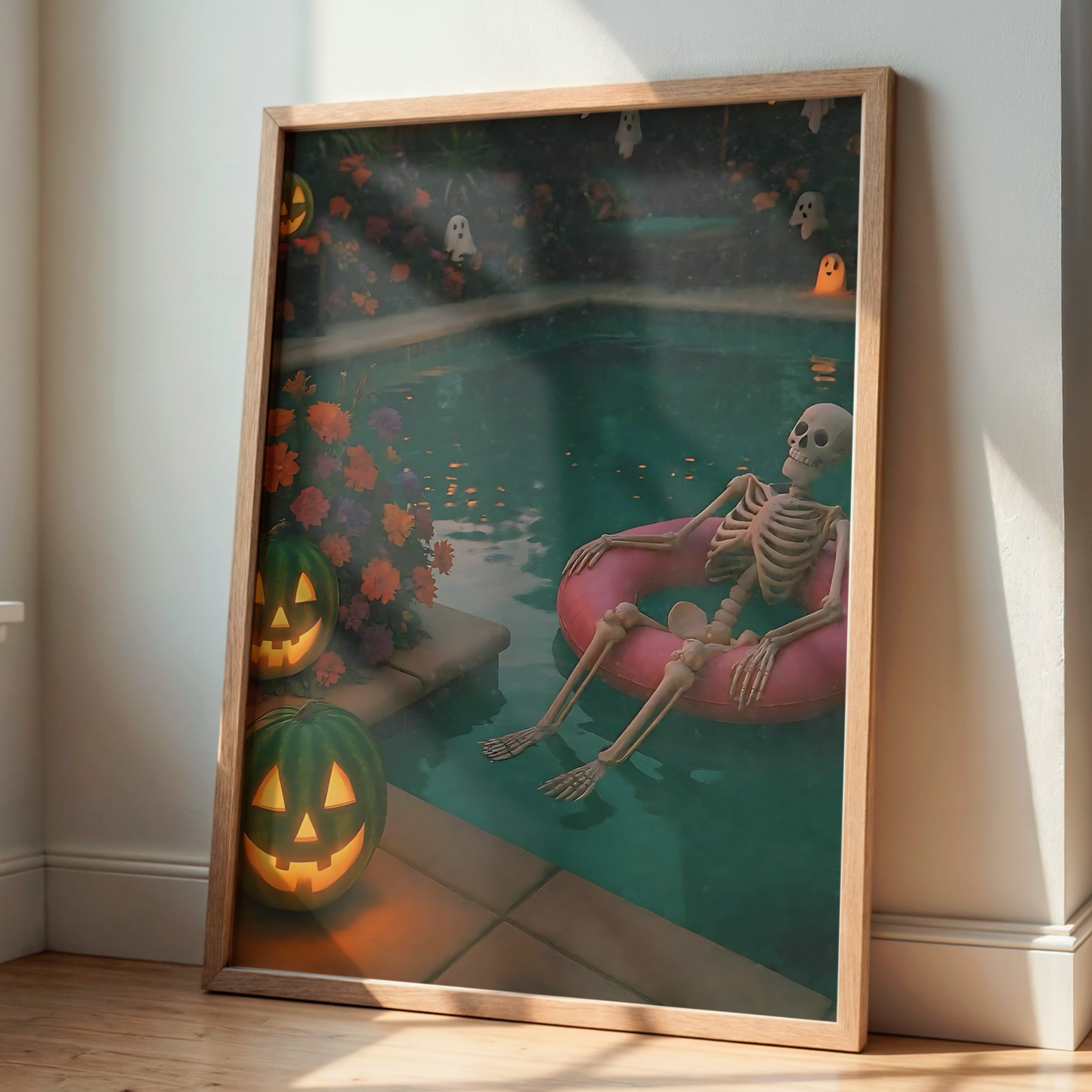 Funny Skeleton, Pumpkin and Ghost in a Pool Digital Print | Retro Spooky Summerween Printable Photography Poster for Halloween Decor