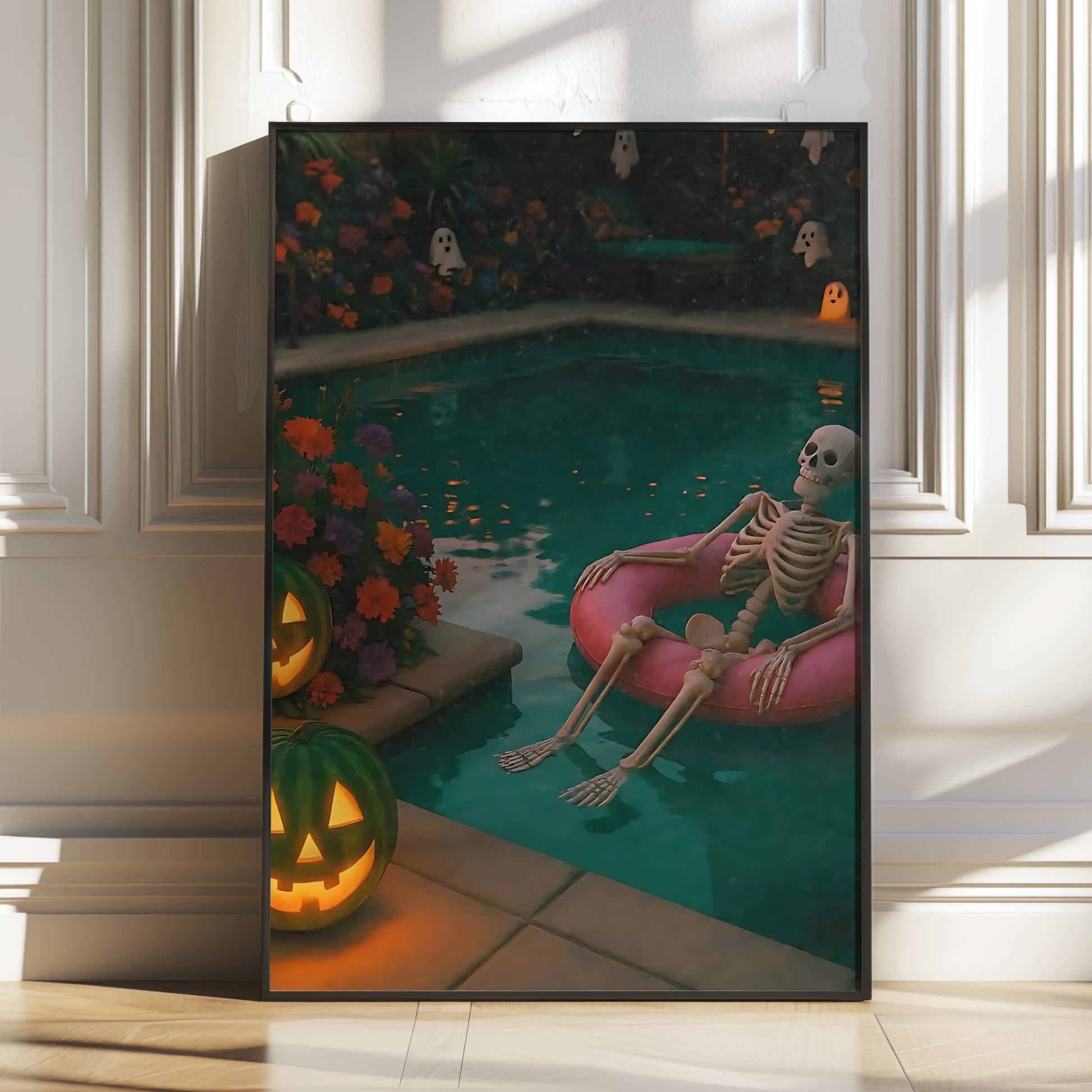 Funny Skeleton, Pumpkin and Ghost in a Pool Digital Print | Retro Spooky Summerween Printable Photography Poster for Halloween Decor