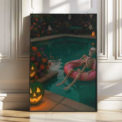 Funny Skeleton, Pumpkin and Ghost in a Pool Digital Print | Retro Spooky Summerween Printable Photography Poster for Halloween Decor