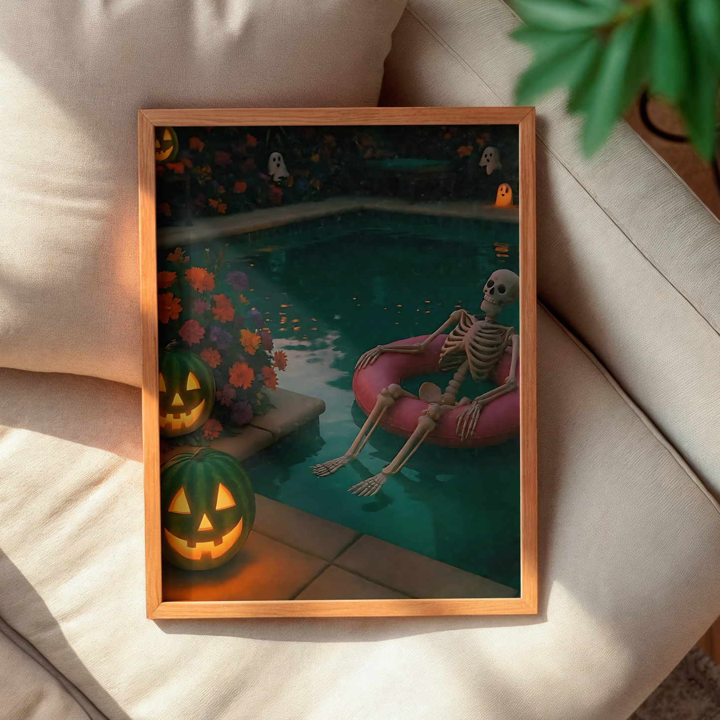 Funny Skeleton, Pumpkin and Ghost in a Pool Digital Print | Retro Spooky Summerween Printable Photography Poster for Halloween Decor