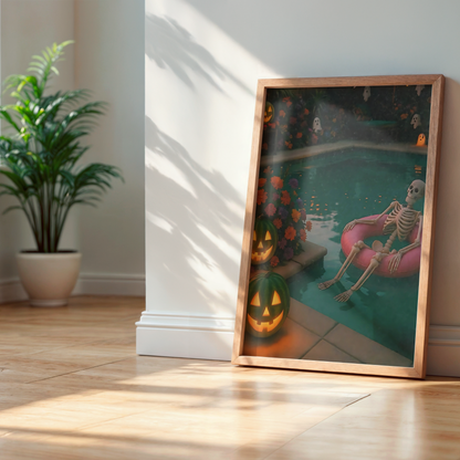 Funny Skeleton, Pumpkin and Ghost in a Pool Digital Print | Retro Spooky Summerween Printable Photography Poster for Halloween Decor