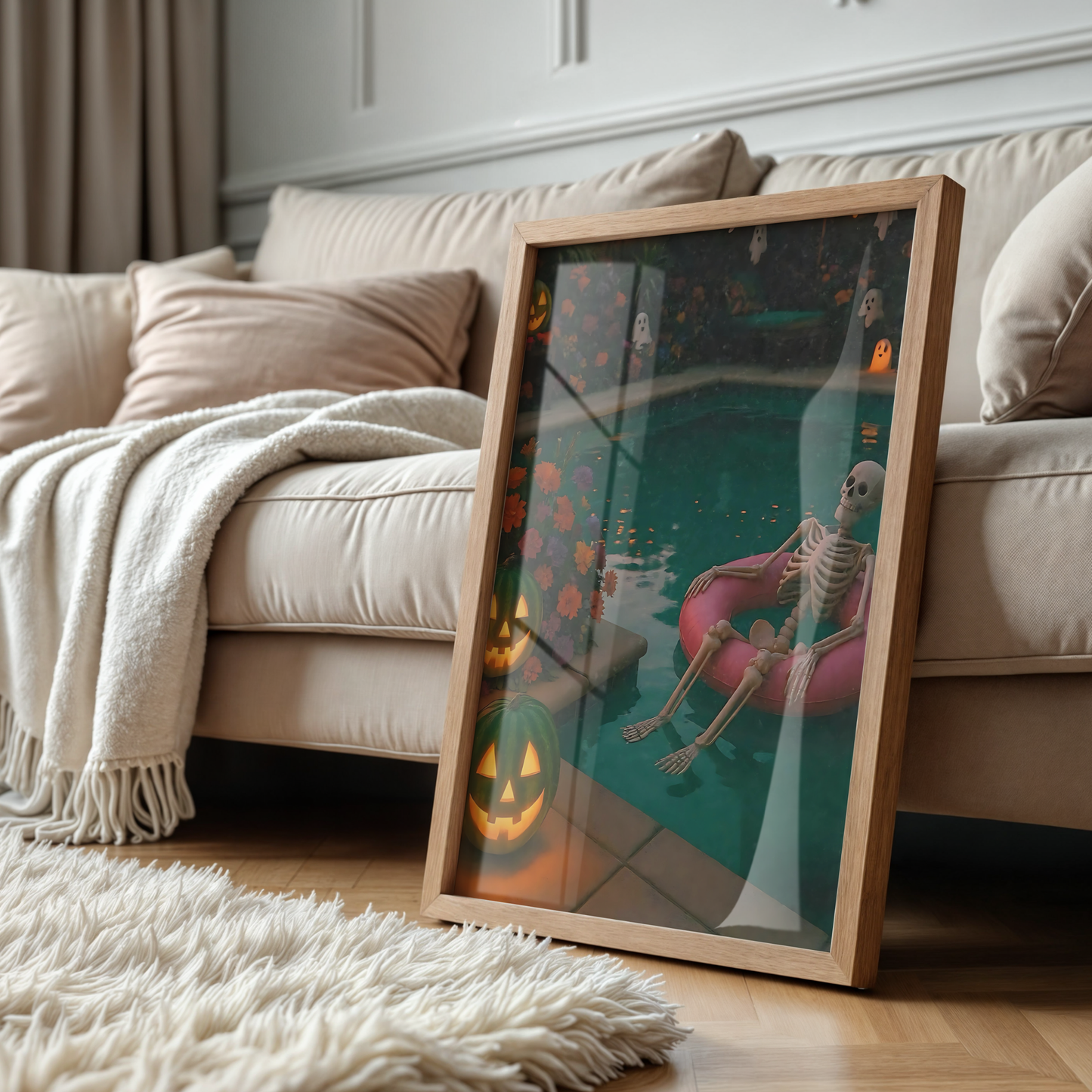 Funny Skeleton, Pumpkin and Ghost in a Pool Digital Print | Retro Spooky Summerween Printable Photography Poster for Halloween Decor