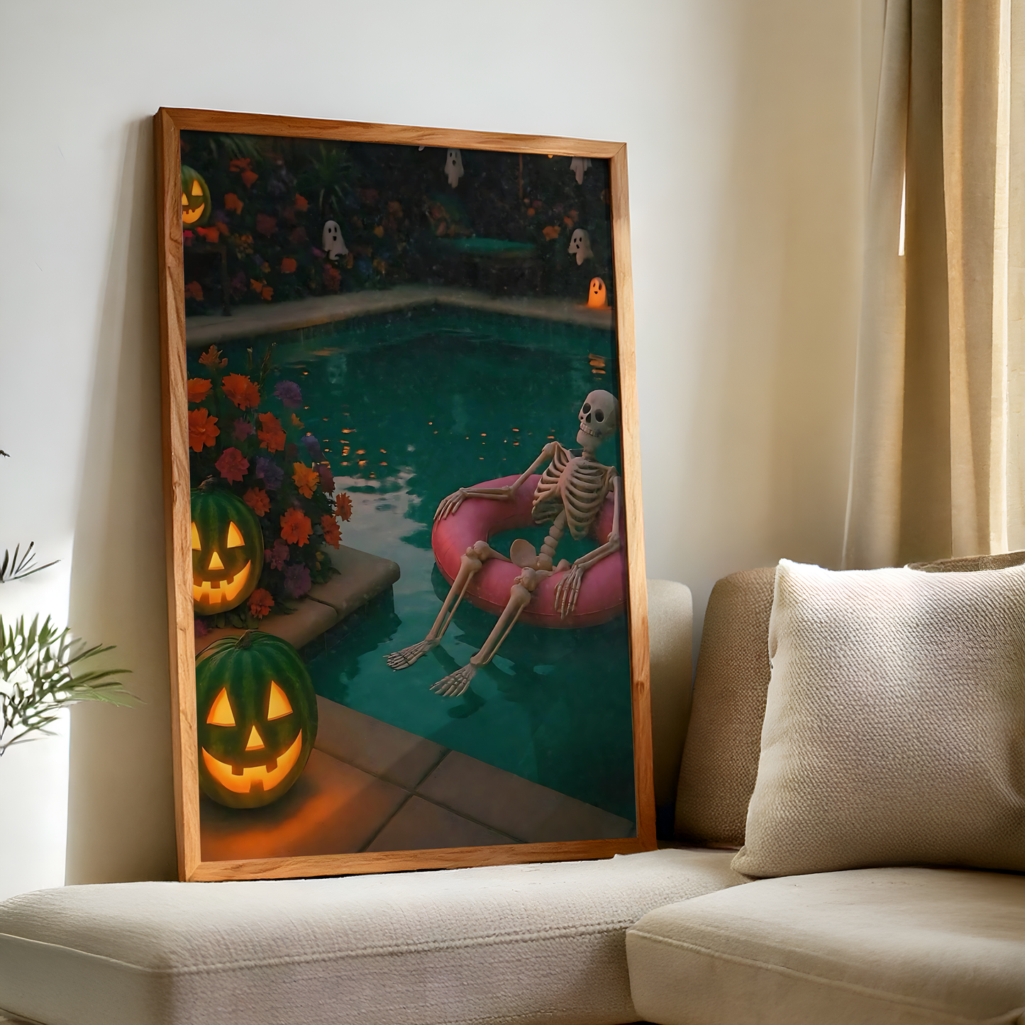 Funny Skeleton, Pumpkin and Ghost in a Pool Digital Print | Retro Spooky Summerween Printable Photography Poster for Halloween Decor