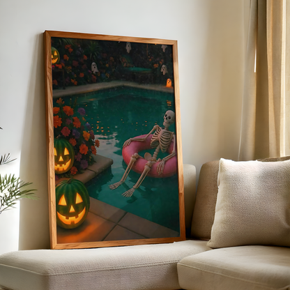 Funny Skeleton, Pumpkin and Ghost in a Pool Digital Print | Retro Spooky Summerween Printable Photography Poster for Halloween Decor