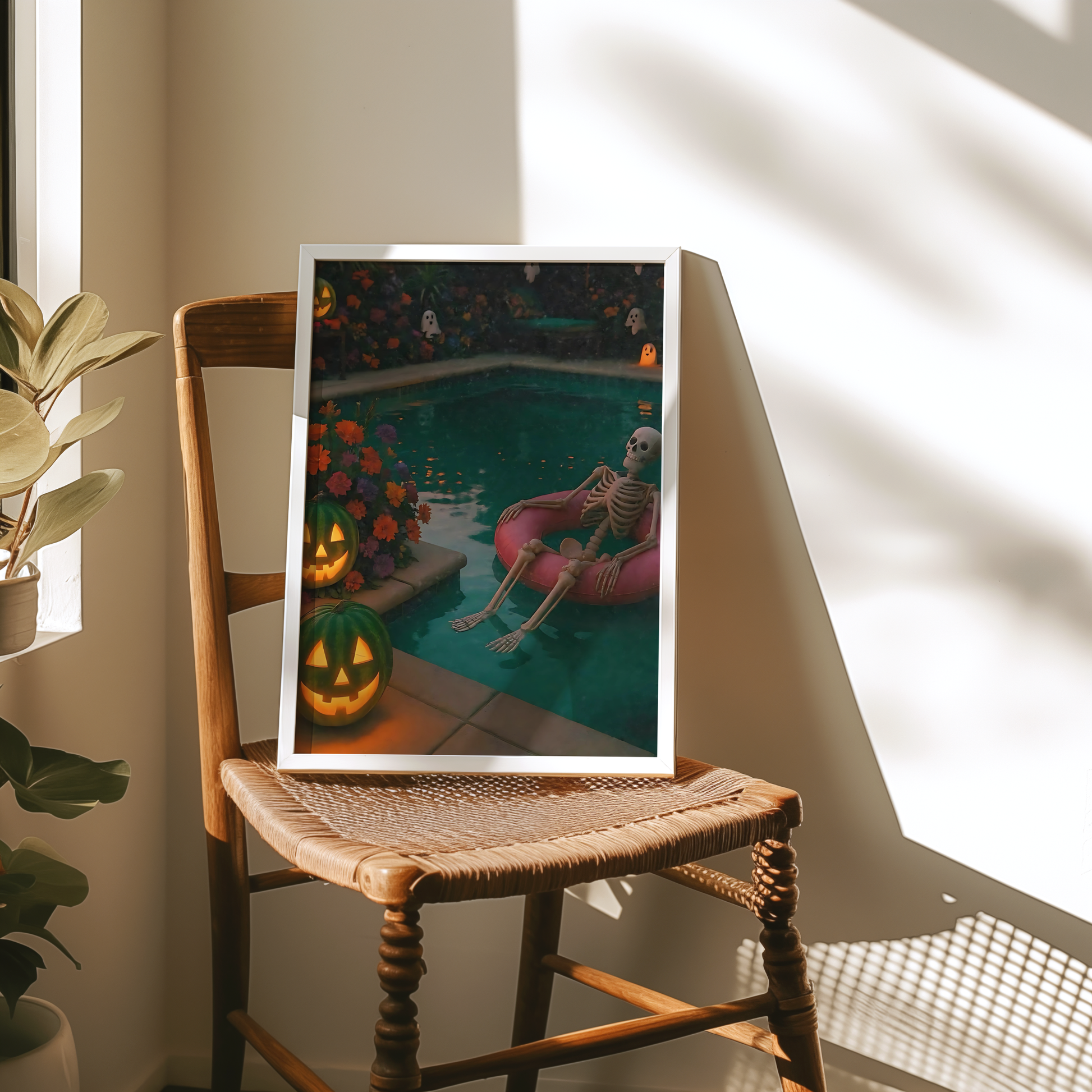 Funny Skeleton, Pumpkin and Ghost in a Pool Digital Print | Retro Spooky Summerween Printable Photography Poster for Halloween Decor