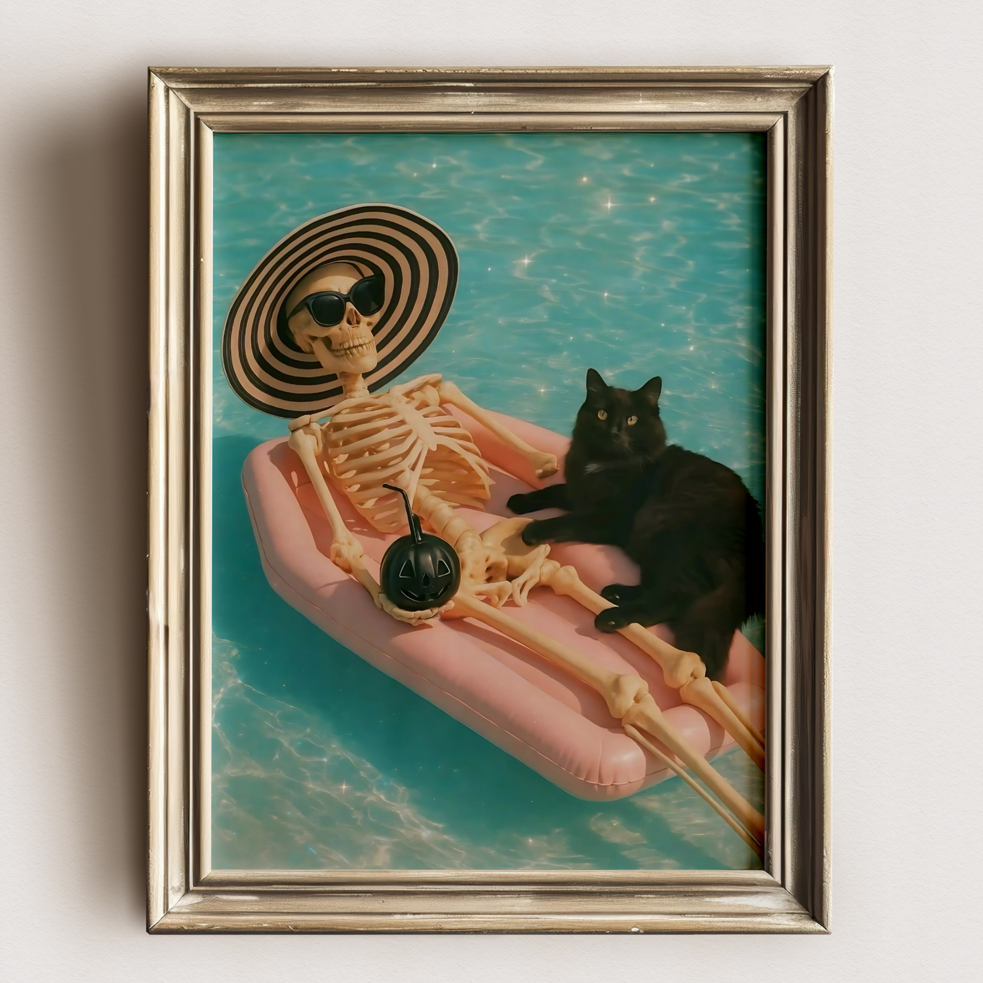 Funny Skeleton and Black Cat with a Bomb in a Pool Digital Print | Retro Spooky Summerween Printable Photography Poster for Halloween Decor