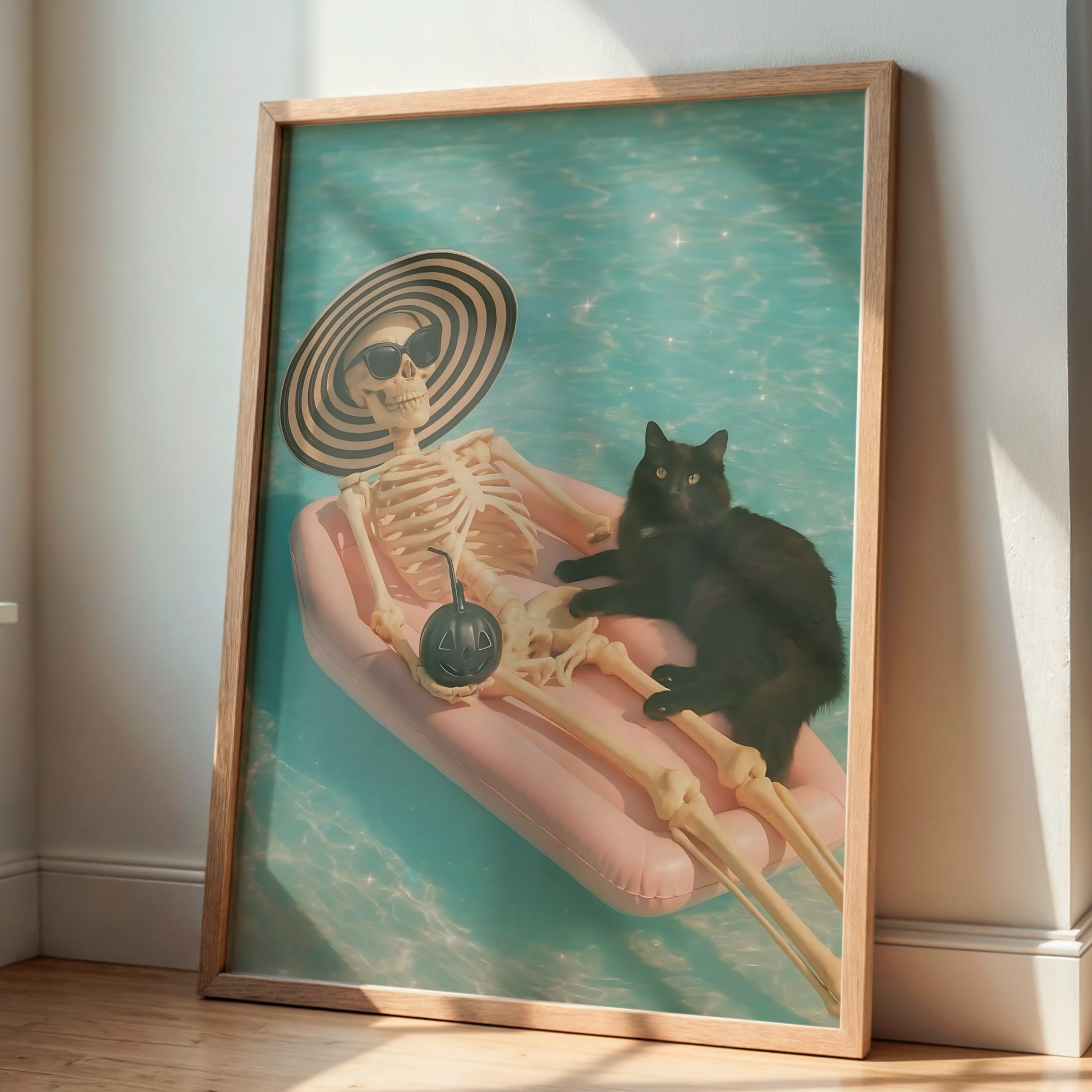Funny Skeleton and Black Cat with a Bomb in a Pool Digital Print | Retro Spooky Summerween Printable Photography Poster for Halloween Decor