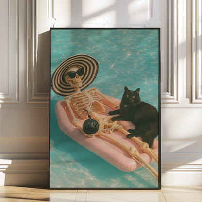 Funny Skeleton and Black Cat with a Bomb in a Pool Digital Print | Retro Spooky Summerween Printable Photography Poster for Halloween Decor