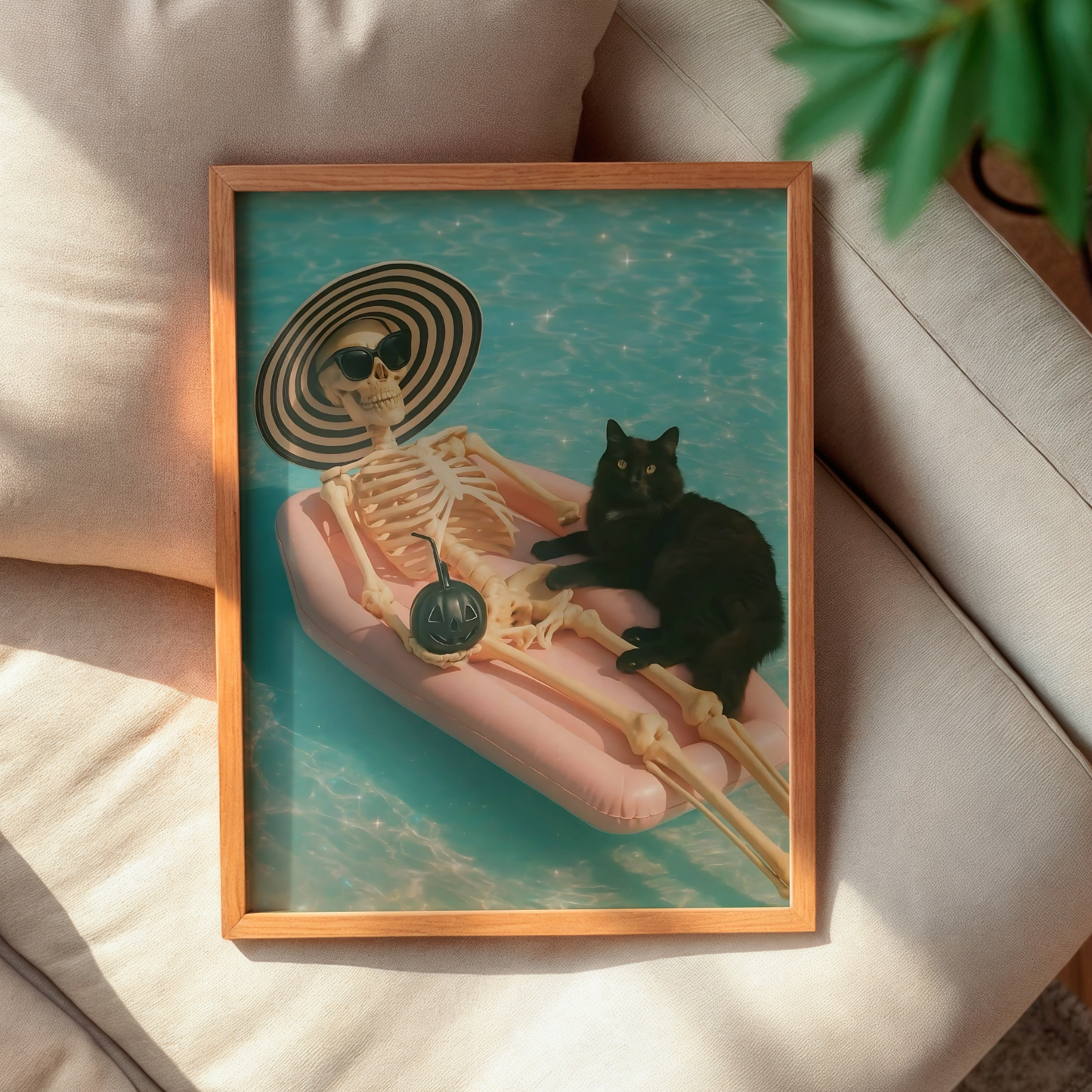 Funny Skeleton and Black Cat with a Bomb in a Pool Digital Print | Retro Spooky Summerween Printable Photography Poster for Halloween Decor