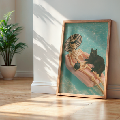 Funny Skeleton and Black Cat with a Bomb in a Pool Digital Print | Retro Spooky Summerween Printable Photography Poster for Halloween Decor