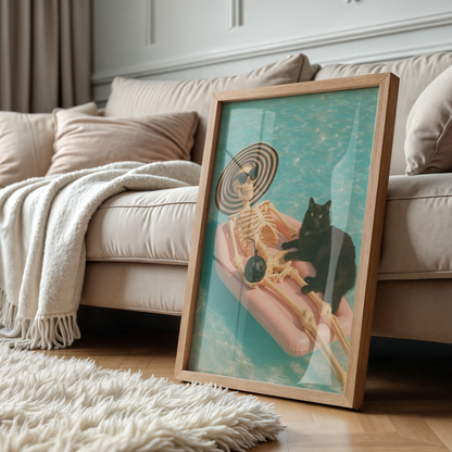 Funny Skeleton and Black Cat with a Bomb in a Pool Digital Print | Retro Spooky Summerween Printable Photography Poster for Halloween Decor