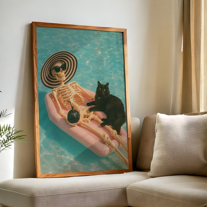 Funny Skeleton and Black Cat with a Bomb in a Pool Digital Print | Retro Spooky Summerween Printable Photography Poster for Halloween Decor