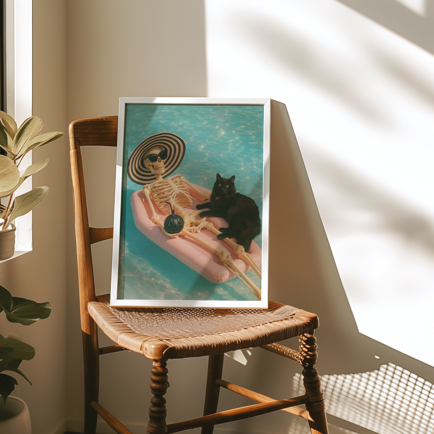 Funny Skeleton and Black Cat with a Bomb in a Pool Digital Print | Retro Spooky Summerween Printable Photography Poster for Halloween Decor