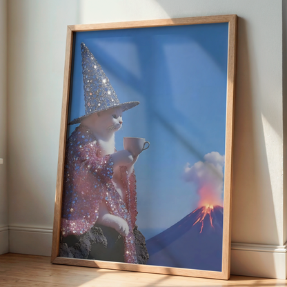 Glitter Pink and White Witch Cat Digital Print |  Spooky Halloween Printable Photography Poster | Retro Wall Art for Grunge Room Decor