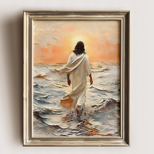 Jesus Christ Portrait Painting | Christian LDS Wall Art | Vintage Bible Verse Prints | Walking on Water Church Decor | Ocean Landscape Jesus