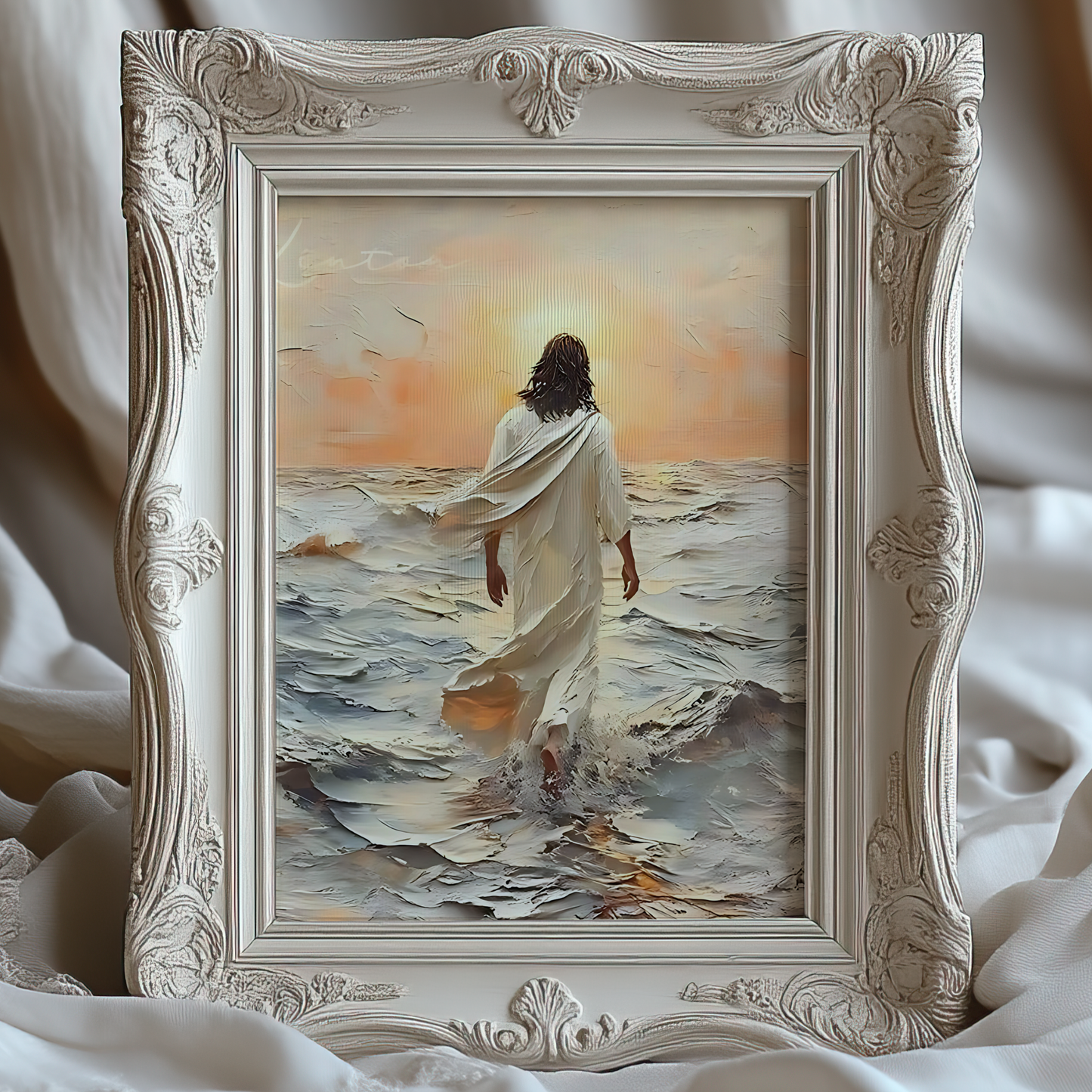 Jesus Christ Portrait Painting | Christian LDS Wall Art | Vintage Bible Verse Prints | Walking on Water Church Decor | Ocean Landscape Jesus