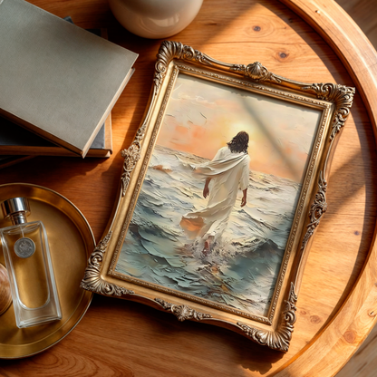 Jesus Christ Portrait Painting | Christian LDS Wall Art | Vintage Bible Verse Prints | Walking on Water Church Decor | Ocean Landscape Jesus