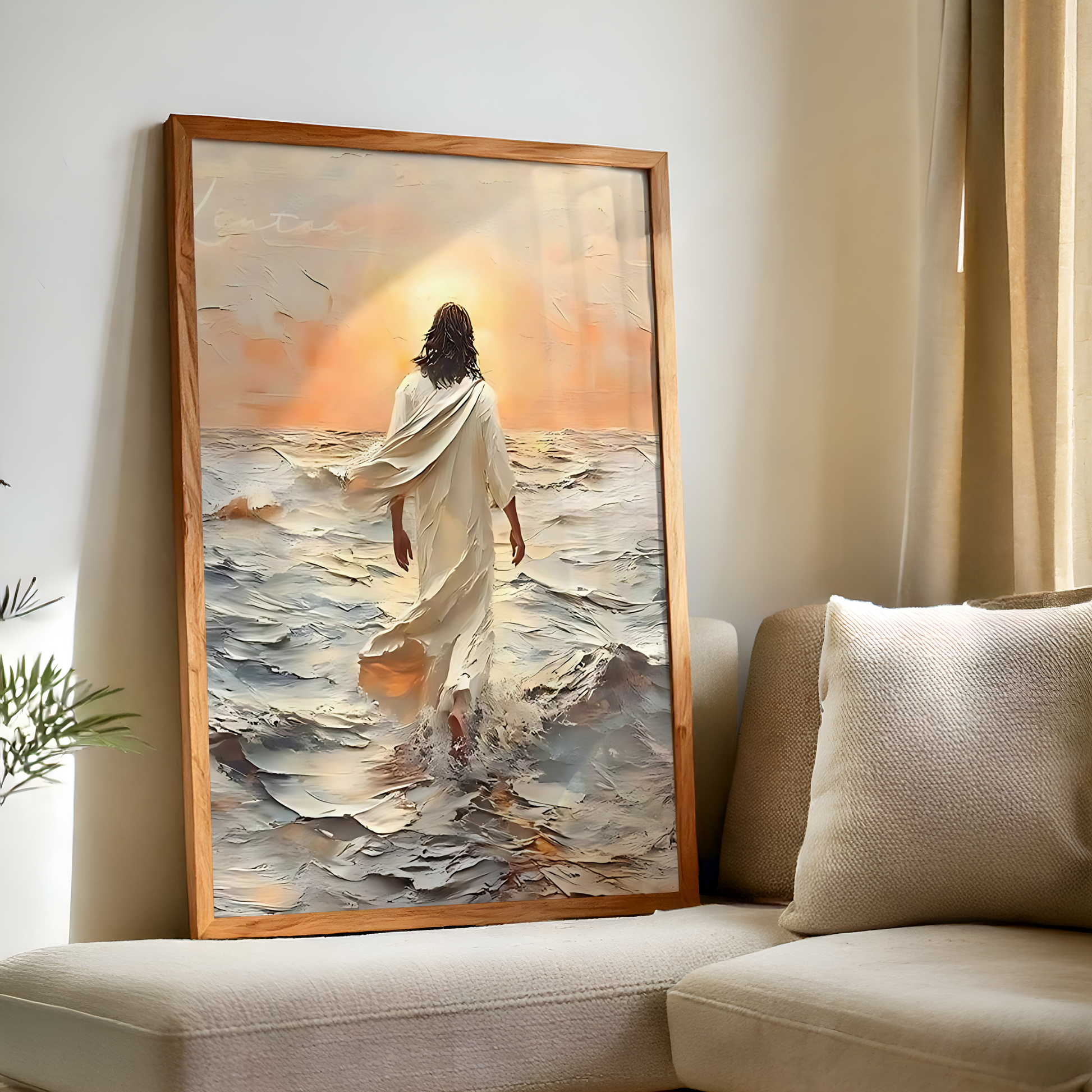 Jesus Christ Portrait Painting | Christian LDS Wall Art | Vintage Bible Verse Prints | Walking on Water Church Decor | Ocean Landscape Jesus