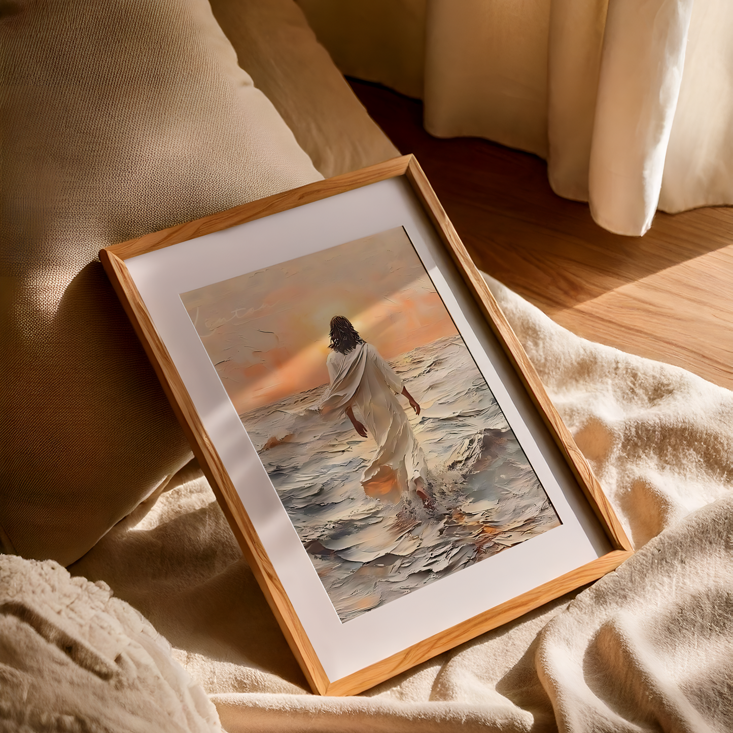 Jesus Christ Portrait Painting | Christian LDS Wall Art | Vintage Bible Verse Prints | Walking on Water Church Decor | Ocean Landscape Jesus