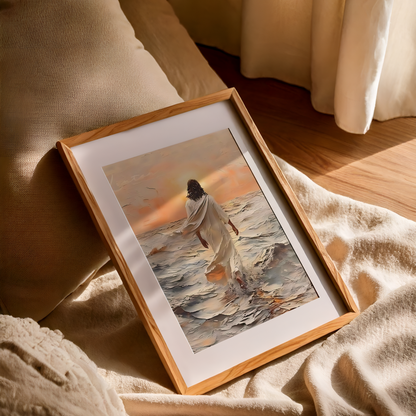 Jesus Christ Portrait Painting | Christian LDS Wall Art | Vintage Bible Verse Prints | Walking on Water Church Decor | Ocean Landscape Jesus