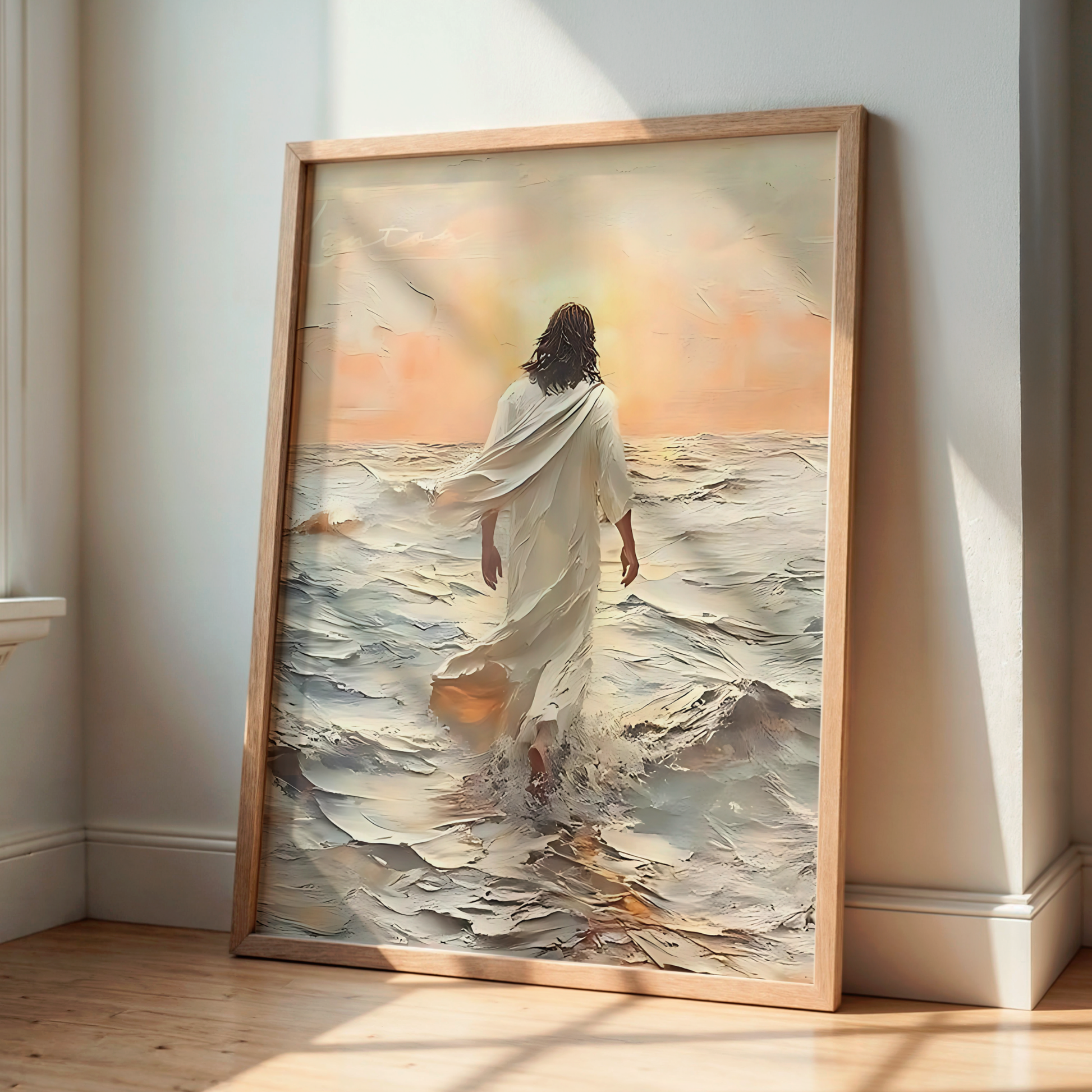 Jesus Christ Portrait Painting | Christian LDS Wall Art | Vintage Bible Verse Prints | Walking on Water Church Decor | Ocean Landscape Jesus
