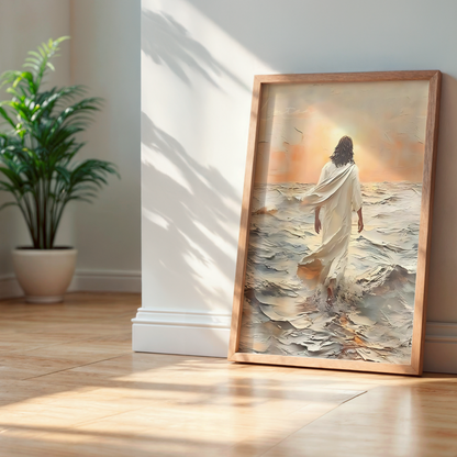 Jesus Christ Portrait Painting | Christian LDS Wall Art | Vintage Bible Verse Prints | Walking on Water Church Decor | Ocean Landscape Jesus