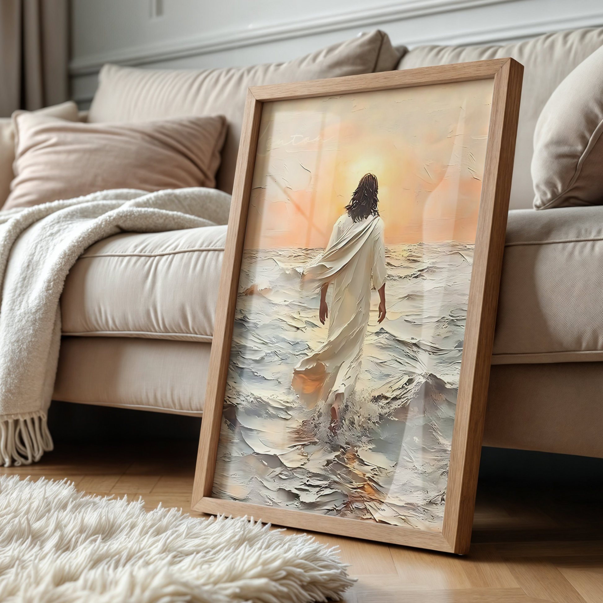 Jesus Christ Portrait Painting | Christian LDS Wall Art | Vintage Bible Verse Prints | Walking on Water Church Decor | Ocean Landscape Jesus