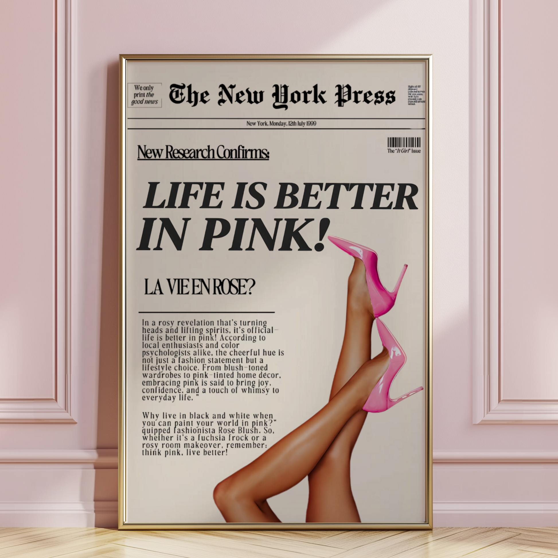 Life is Better in Pink High Heels Poster Prints | Girly Retro Newspaper Wall Art