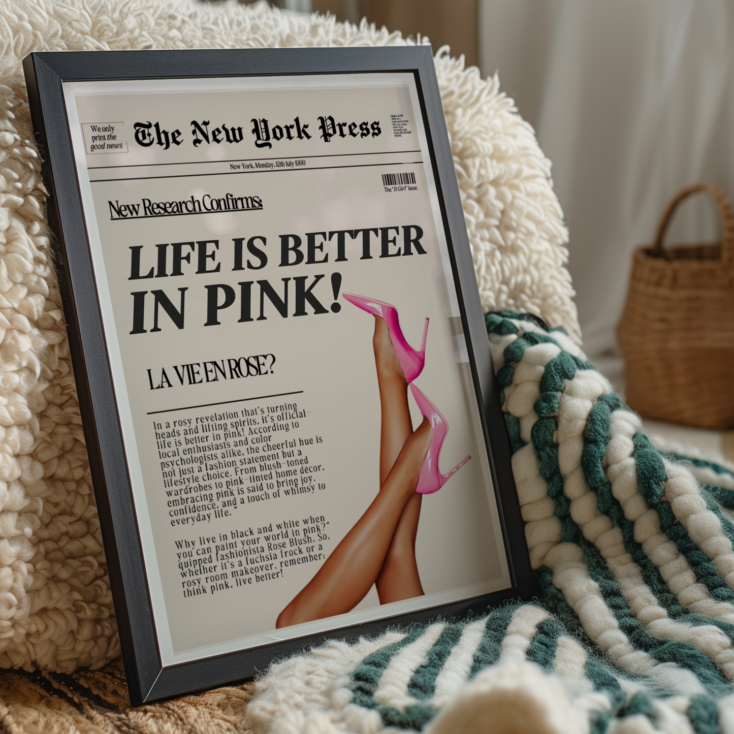 Life is Better in Pink High Heels Poster Prints | Girly Retro Newspaper Wall Art