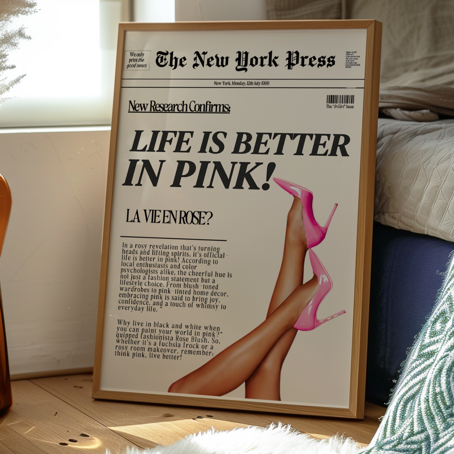 Life is Better in Pink High Heels Poster Prints | Girly Retro Newspaper Wall Art