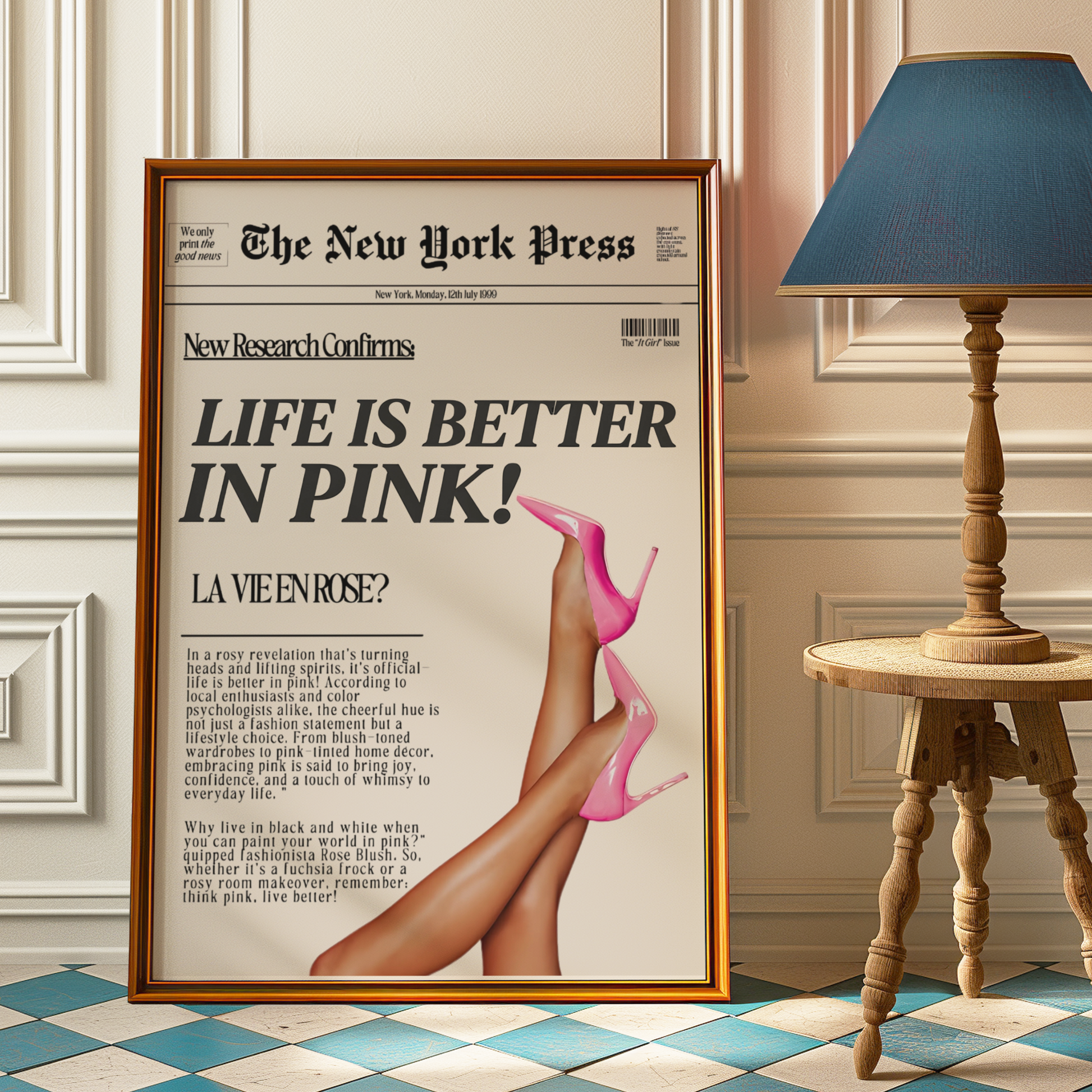 Life is Better in Pink High Heels Poster Prints | Girly Retro Newspaper Wall Art