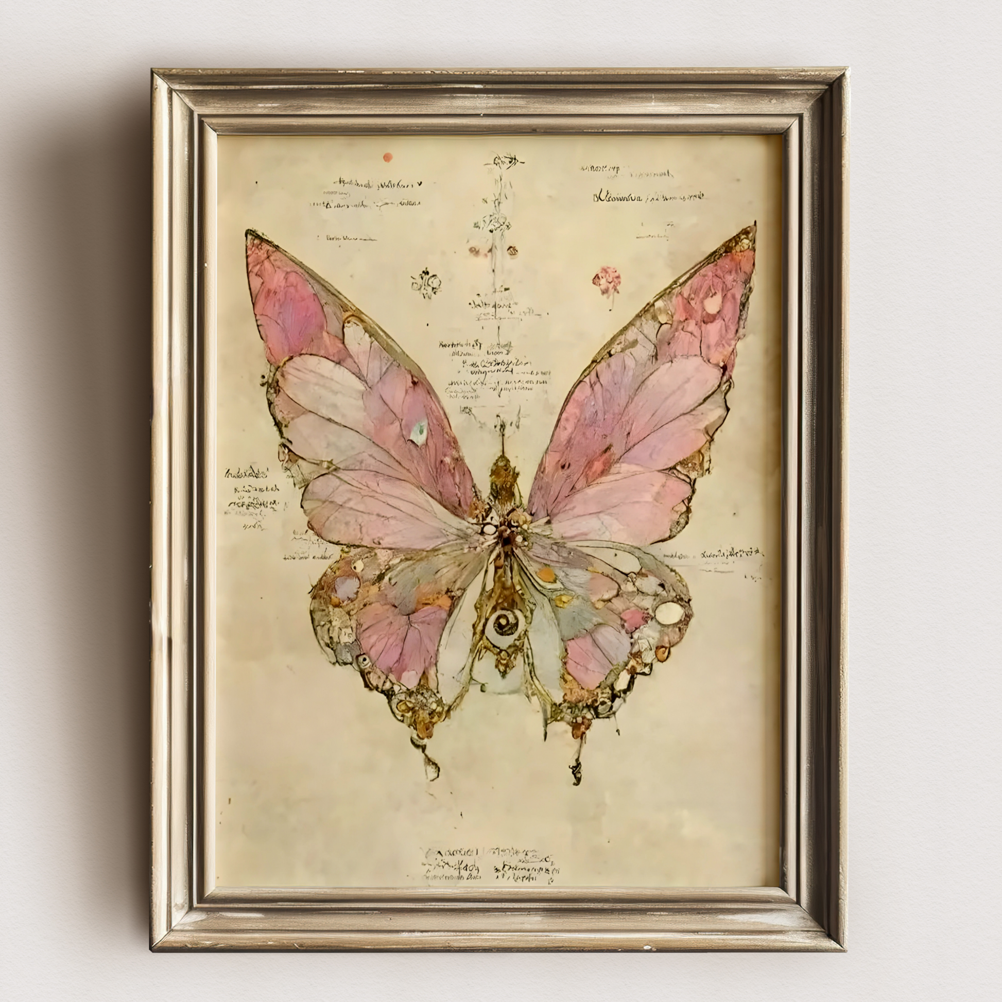 Pink Moody Butterfly Wall Art | Vintage Insec Prints | Whimsical Animal Painting | Aesthetic Moth Art | Rustic Cottagecore Decor