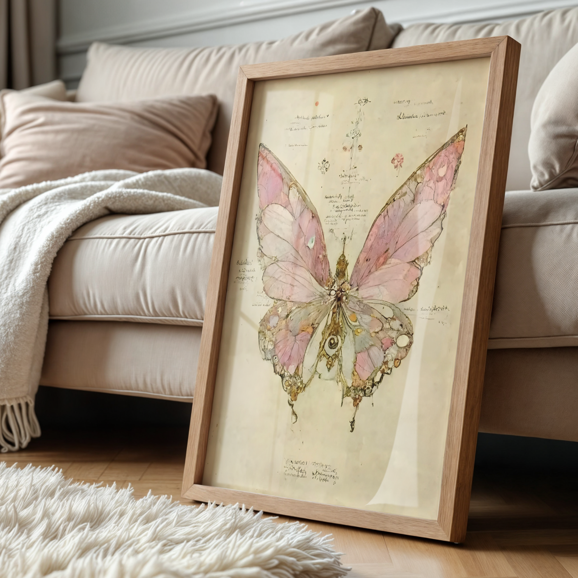 Pink Moody Butterfly Wall Art | Vintage Insec Prints | Whimsical Animal Painting | Aesthetic Moth Art | Rustic Cottagecore Decor