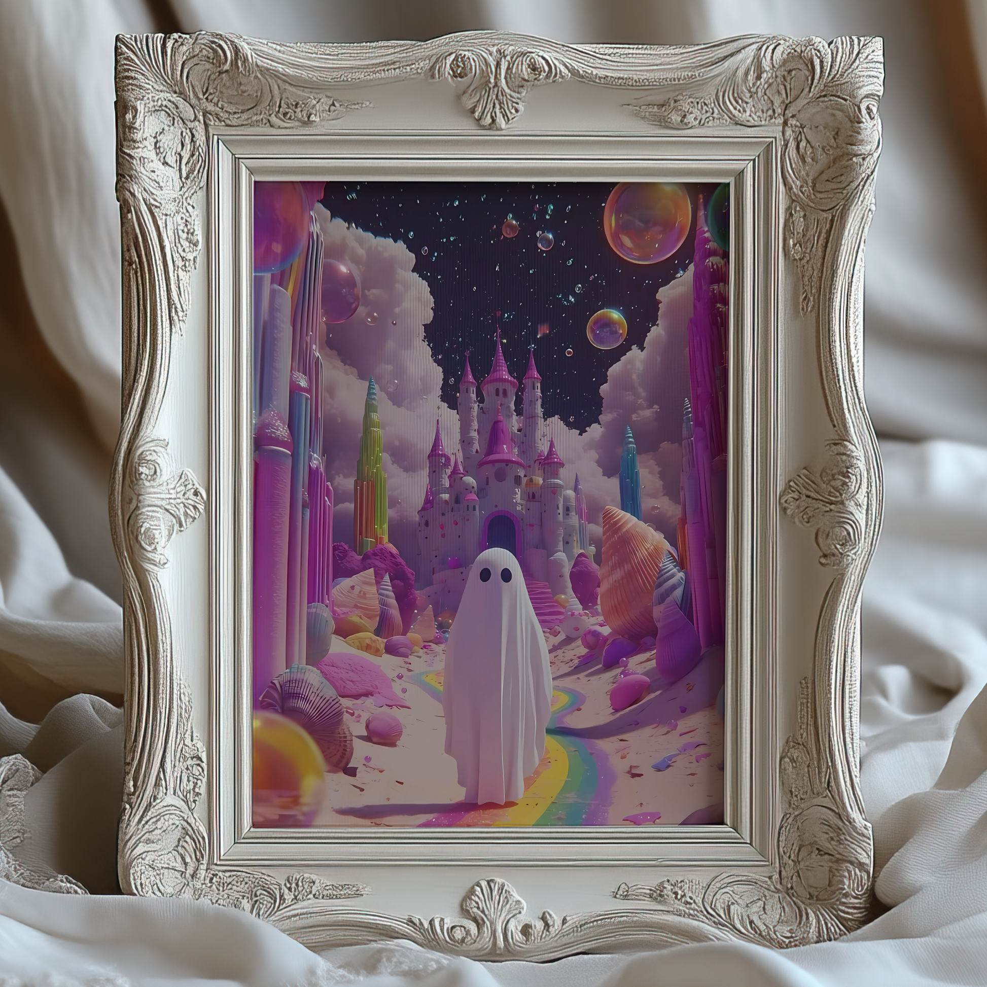 Retro Ghost in Pink Digital Print | Spooky Halloween Fall Printable Photography Poster | Maximalist Wall Art for Grunge Room Decor