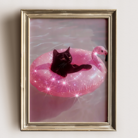 Retro Glitter Black Cat on a Pink Flamingo Pool Float Digital Print | Spooky Printable Photography Poster | Wall Art for Halloween Decor