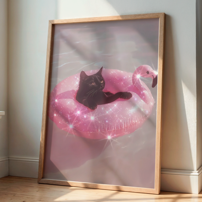 Retro Glitter Black Cat on a Pink Flamingo Pool Float Digital Print | Spooky Printable Photography Poster | Wall Art for Halloween Decor