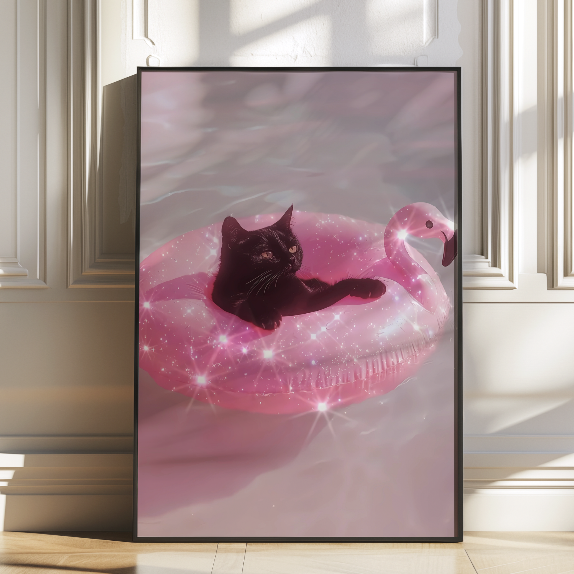 Retro Glitter Black Cat on a Pink Flamingo Pool Float Digital Print | Spooky Printable Photography Poster | Wall Art for Halloween Decor