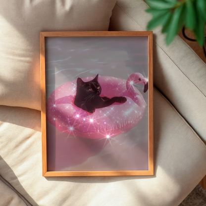 Retro Glitter Black Cat on a Pink Flamingo Pool Float Digital Print | Spooky Printable Photography Poster | Wall Art for Halloween Decor