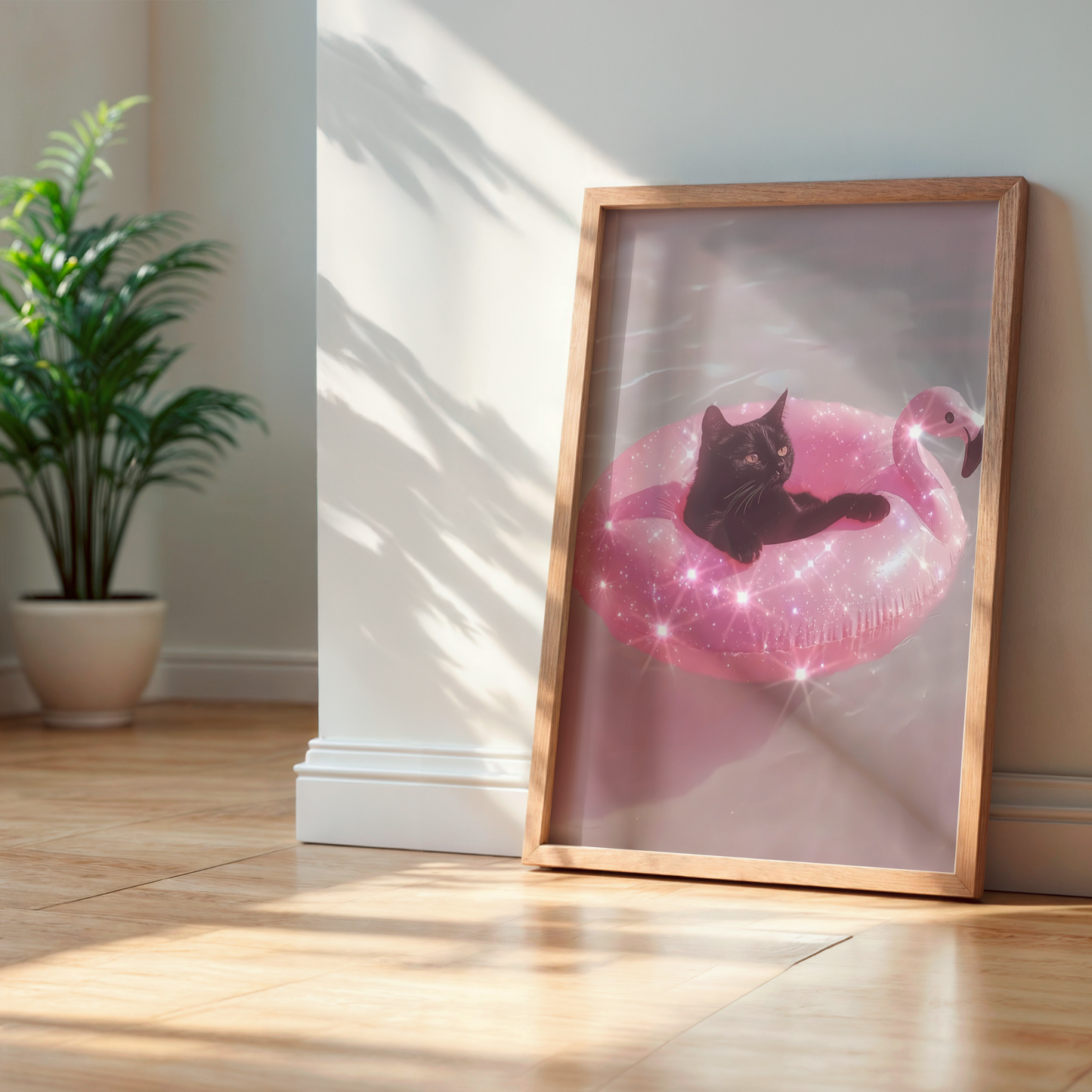 Retro Glitter Black Cat on a Pink Flamingo Pool Float Digital Print | Spooky Printable Photography Poster | Wall Art for Halloween Decor