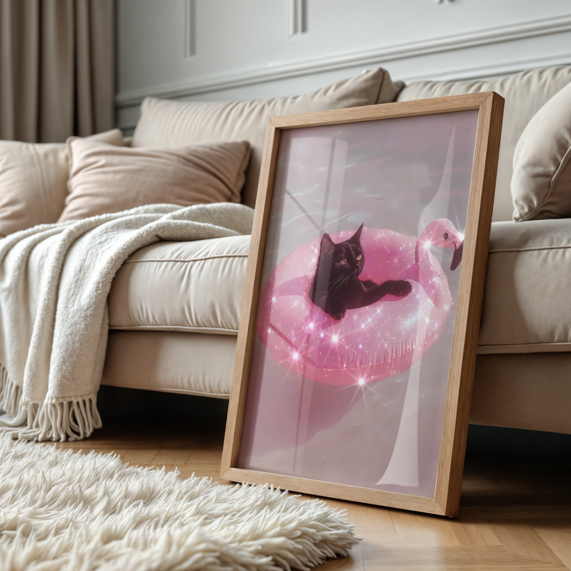 Retro Glitter Black Cat on a Pink Flamingo Pool Float Digital Print | Spooky Printable Photography Poster | Wall Art for Halloween Decor