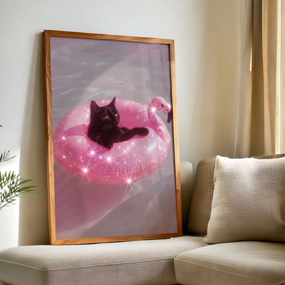 Retro Glitter Black Cat on a Pink Flamingo Pool Float Digital Print | Spooky Printable Photography Poster | Wall Art for Halloween Decor