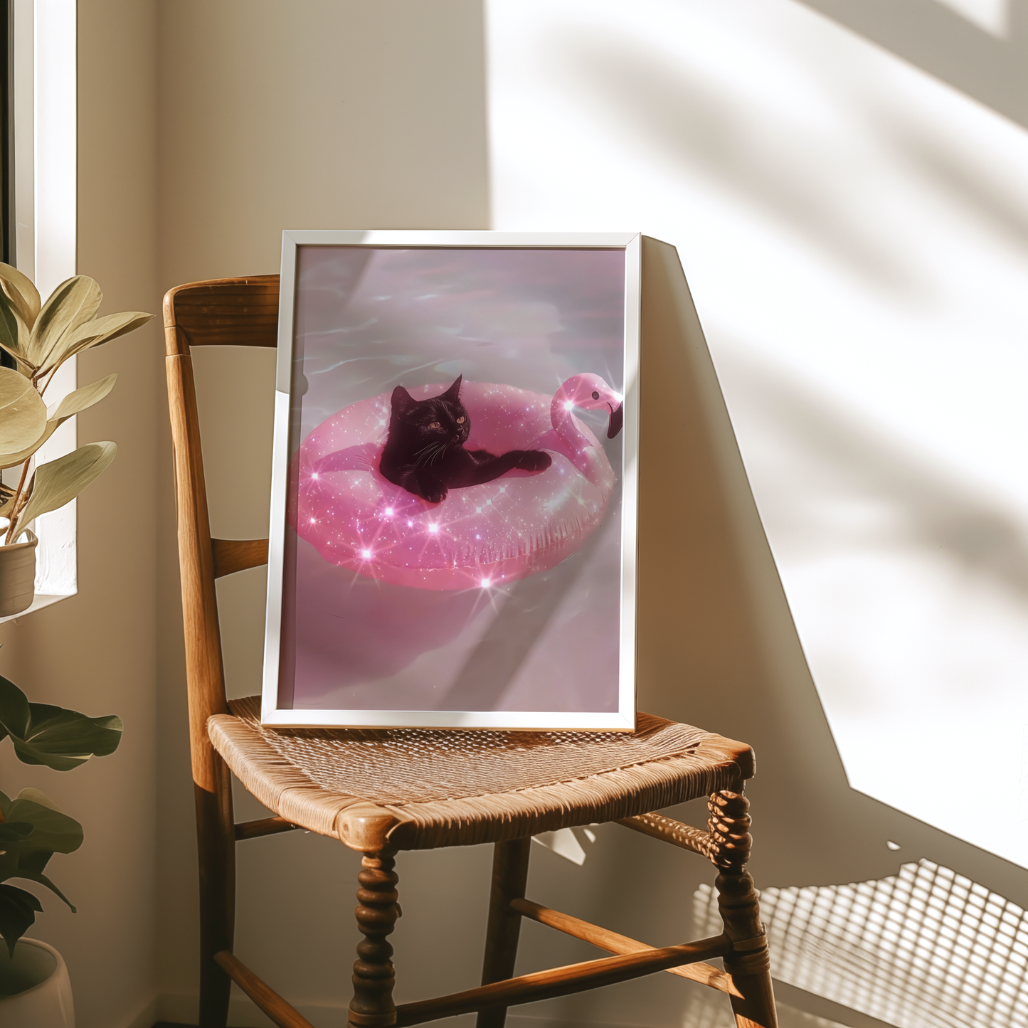 Retro Glitter Black Cat on a Pink Flamingo Pool Float Digital Print | Spooky Printable Photography Poster | Wall Art for Halloween Decor