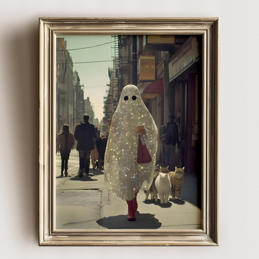 Retro Glitter Ghost and Cats Digital Prints | Spooky Halloween Printable Photography Poster | Maximalist Wall Art for Grunge Decor