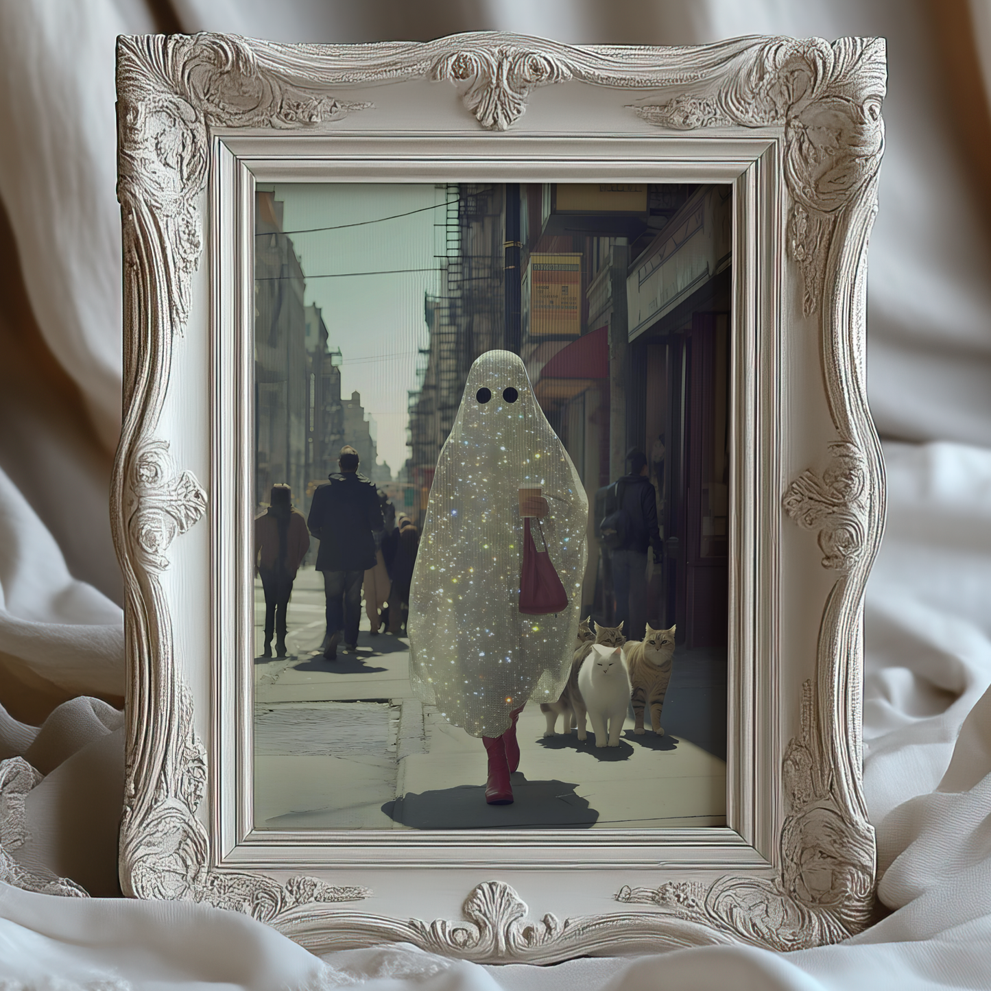 Retro Glitter Ghost and Cats Digital Prints | Spooky Halloween Printable Photography Poster | Maximalist Wall Art for Grunge Decor